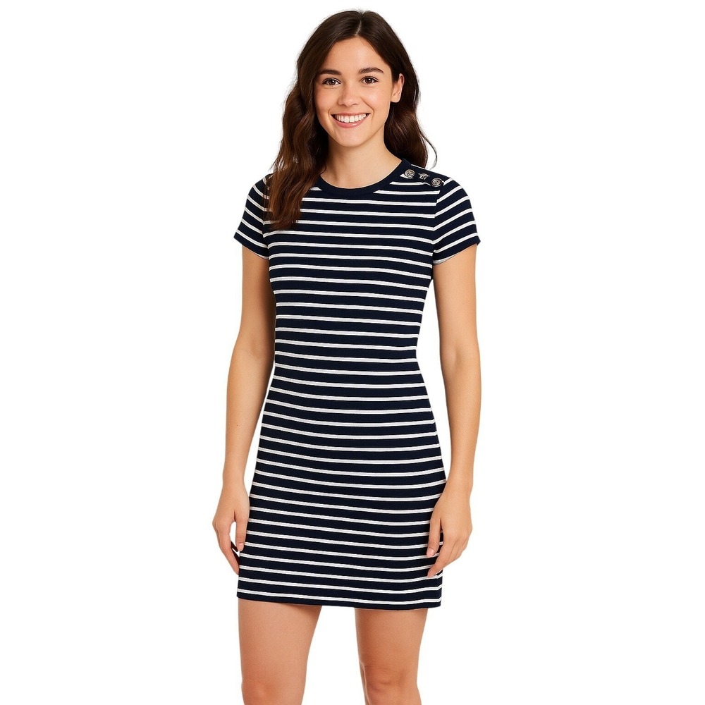 LOFT Sailor Tee Dress XS Blue‎ White Stripe Nautical Anchor Buttons Knit Summer